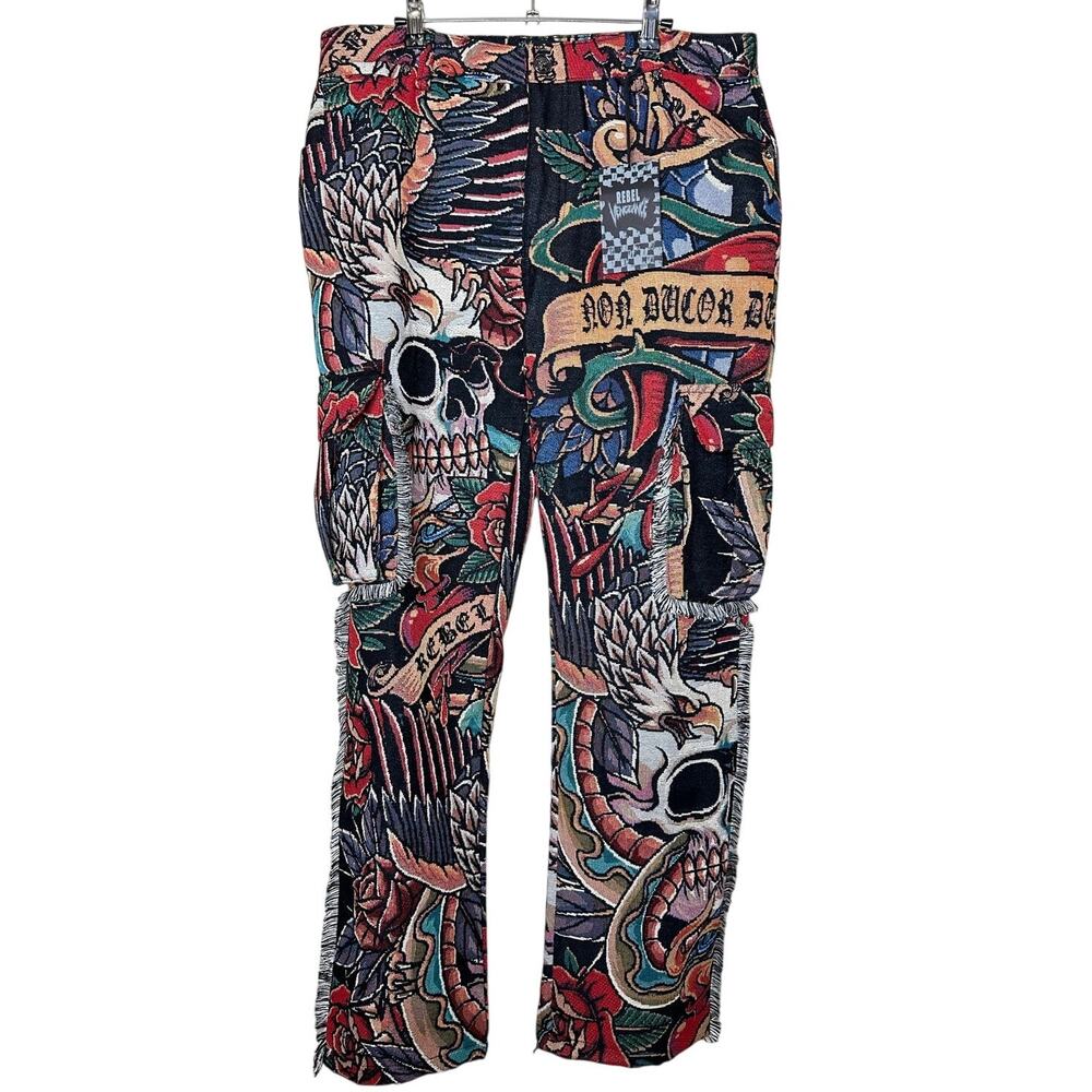 Rebel Vengeance Tattoo Skull Tapestry Cargo Pants Woven Goth Size 36x32 NWT